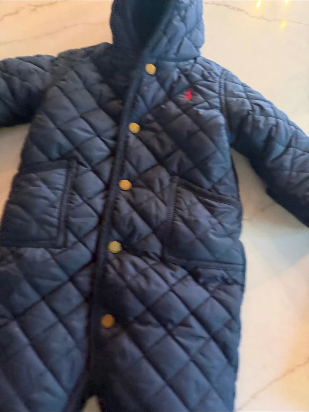 Ralph Lauren Navy Quilted Hooded Baby Footed One-Piece, Winter suit